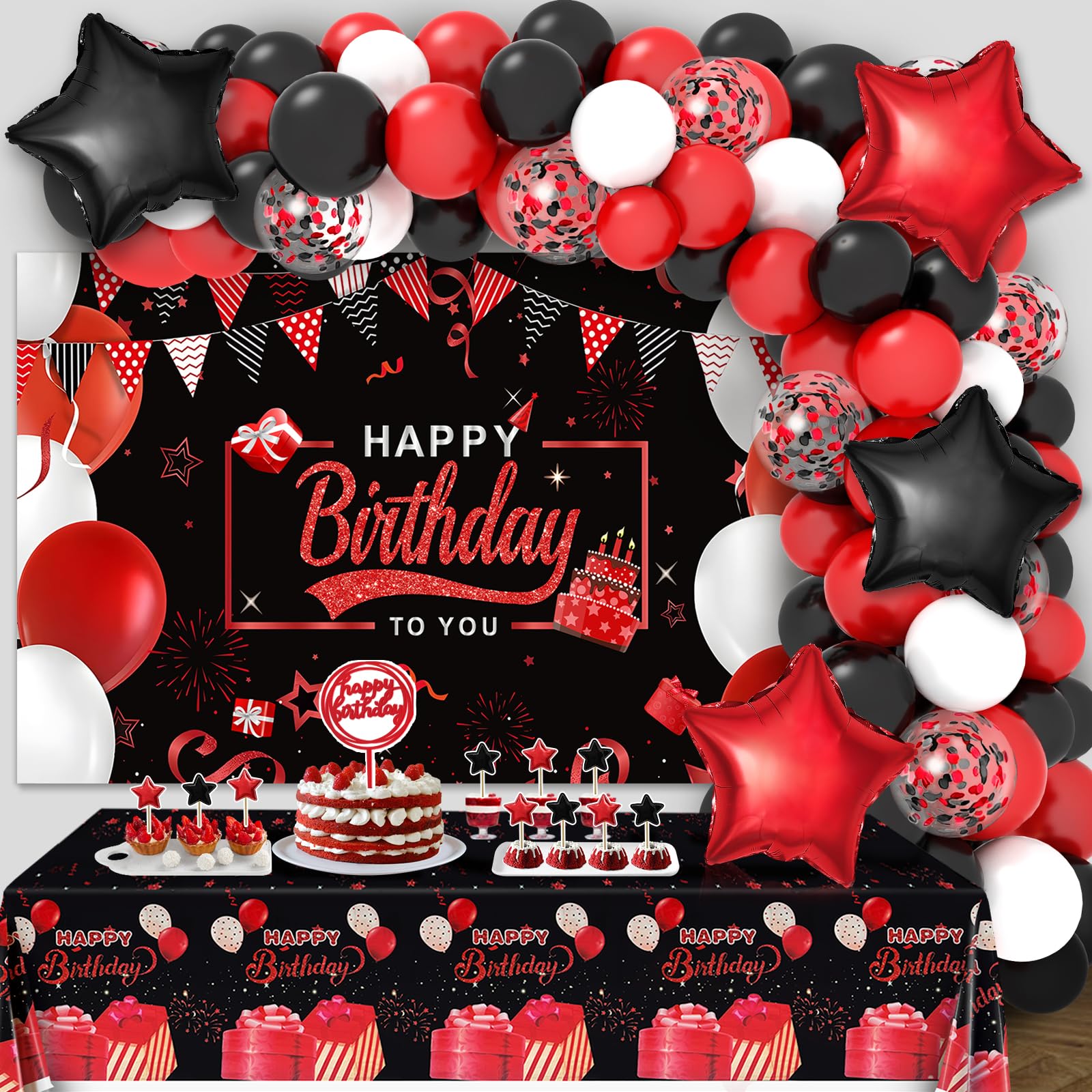 Red Birthday Decorations for Men Women Boys Girls, Red and Black Party Decorations, include Balloons Arch Garland Kit, Happy Birthday Backdrop, Star Foil Balloons, Cake Toppers, Tablecloth