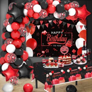 Red Birthday Decorations for Men Women Boys Girls, Red and Black Party Decorations, include Balloons Arch Garland Kit, Happy Birthday Backdrop, Star Foil Balloons, Cake Toppers, Tablecloth