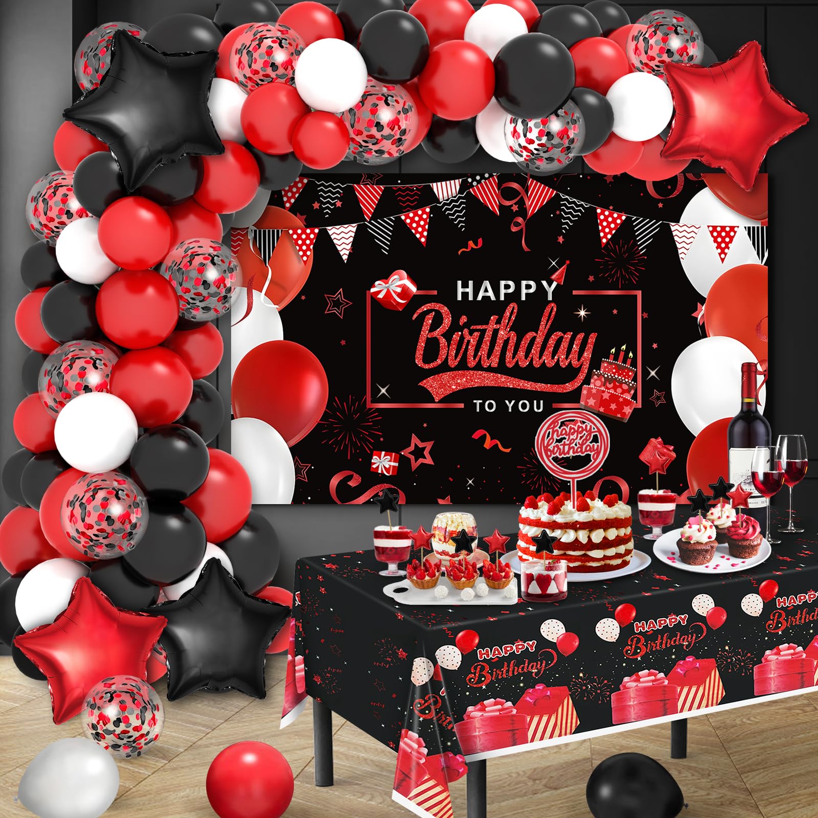 Red Birthday Decorations for Men Women Boys Girls, Red and Black Party Decorations, include Balloons Arch Garland Kit, Happy Birthday Backdrop, Star Foil Balloons, Cake Toppers, Tablecloth