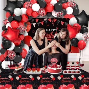 Red Birthday Decorations for Men Women Boys Girls, Red and Black Party Decorations, include Balloons Arch Garland Kit, Happy Birthday Backdrop, Star Foil Balloons, Cake Toppers, Tablecloth