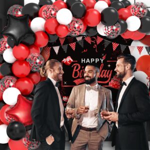 Red Birthday Decorations for Men Women Boys Girls, Red and Black Party Decorations, include Balloons Arch Garland Kit, Happy Birthday Backdrop, Star Foil Balloons, Cake Toppers, Tablecloth