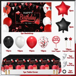 Red Birthday Decorations for Men Women Boys Girls, Red and Black Party Decorations, include Balloons Arch Garland Kit, Happy Birthday Backdrop, Star Foil Balloons, Cake Toppers, Tablecloth
