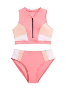 soly hux girl's color block zipper front bikini set bathing suits 2 piece swimsuit coral pink colorblock 14y