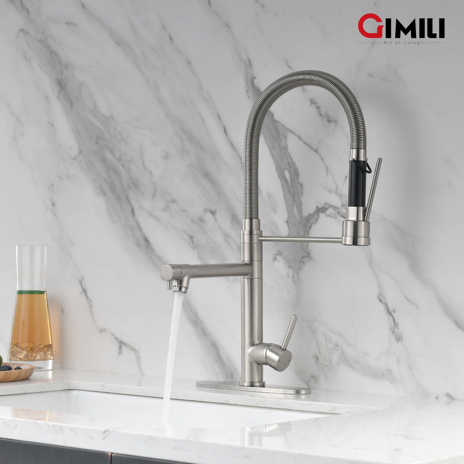 GIMILI Kitchen Faucet with Pull Down Sprayer Commercial Kitchen Faucet Double-Headed Single Handle Spring Stainless Steel Brushed Nickel Kitchen Sink Faucet