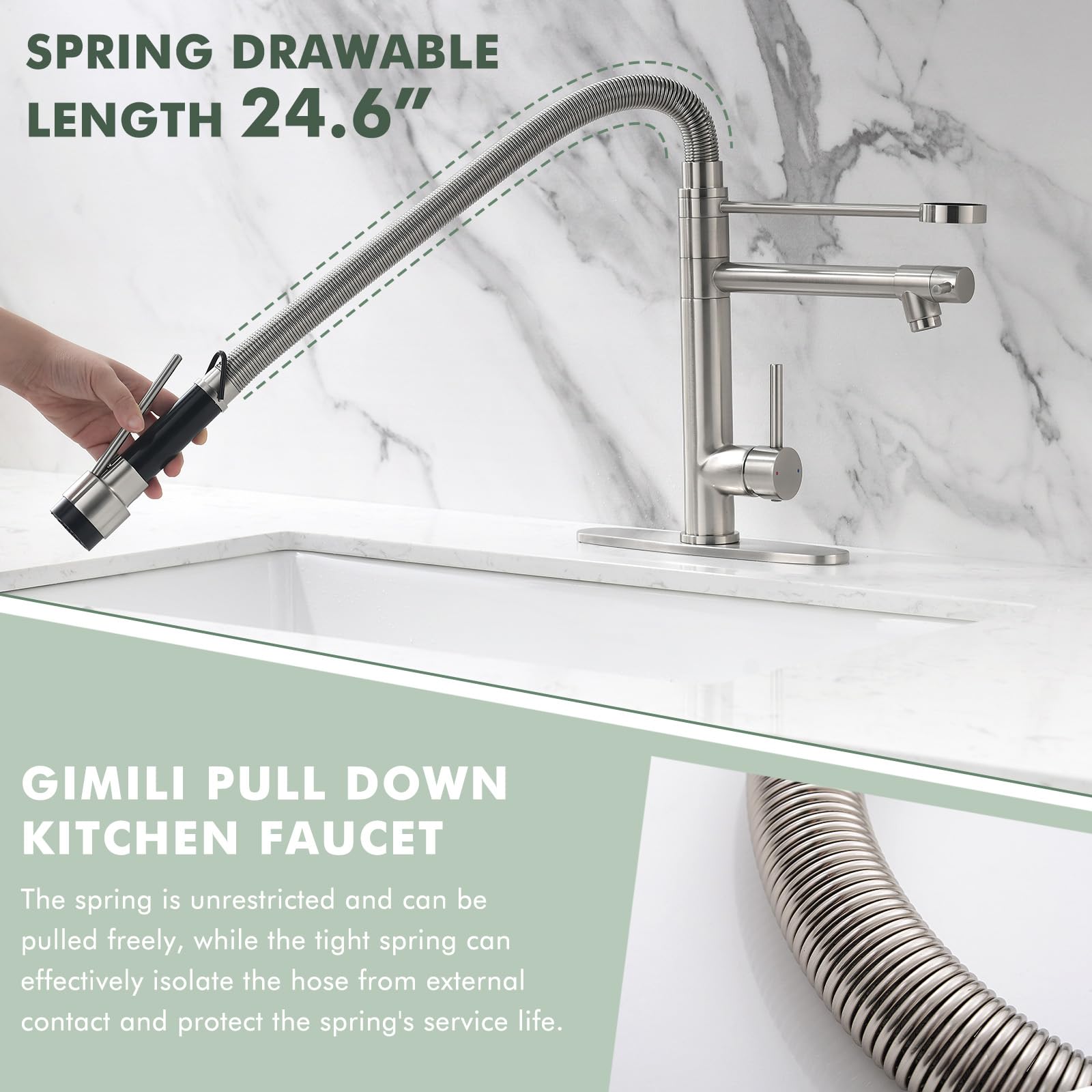 GIMILI Kitchen Faucet with Pull Down Sprayer Commercial Kitchen Faucet Double-Headed Single Handle Spring Stainless Steel Brushed Nickel Kitchen Sink Faucet