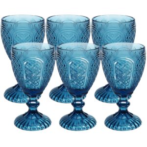 NiLor Vintage Wine Glasses Set of 6, Drinking Glasses Mermaid Pressed Pattern Colored Goblet Glassware, Lead-free Glasses Drinkware for Parties and Wedding - 10 OZ