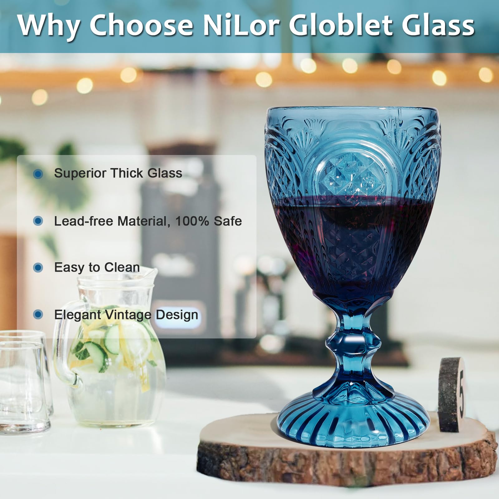 NiLor Vintage Wine Glasses Set of 6, Drinking Glasses Mermaid Pressed Pattern Colored Goblet Glassware, Lead-free Glasses Drinkware for Parties and Wedding - 10 OZ