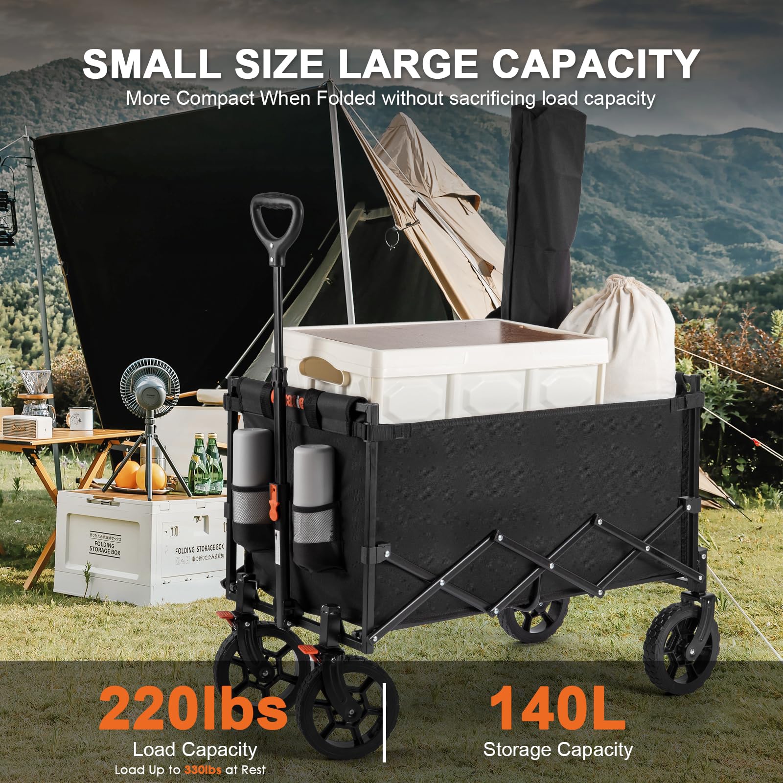 Navatiee Wagon Cart Heavy Duty Foldable, Collapsible Wagon with Smallest Folding Design, Utility Grocery Wagon for Camping Shopping Sports