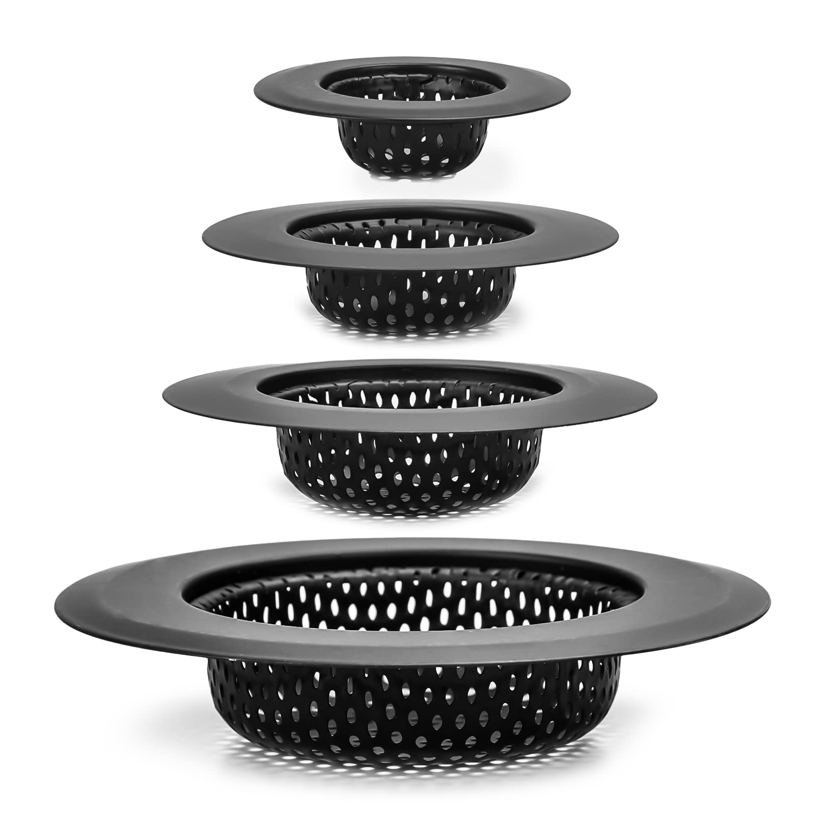 JdikGdik Hair Catcher Shower Drain(4 Pack), Sink Drain Stopper, Bathtub Drain Cover, Sink Strainer for Bathroom and Kitchen, Black, Hair Stopper for Bathtub Drain Cover Size from 1.5'' to 4.45'' (4)