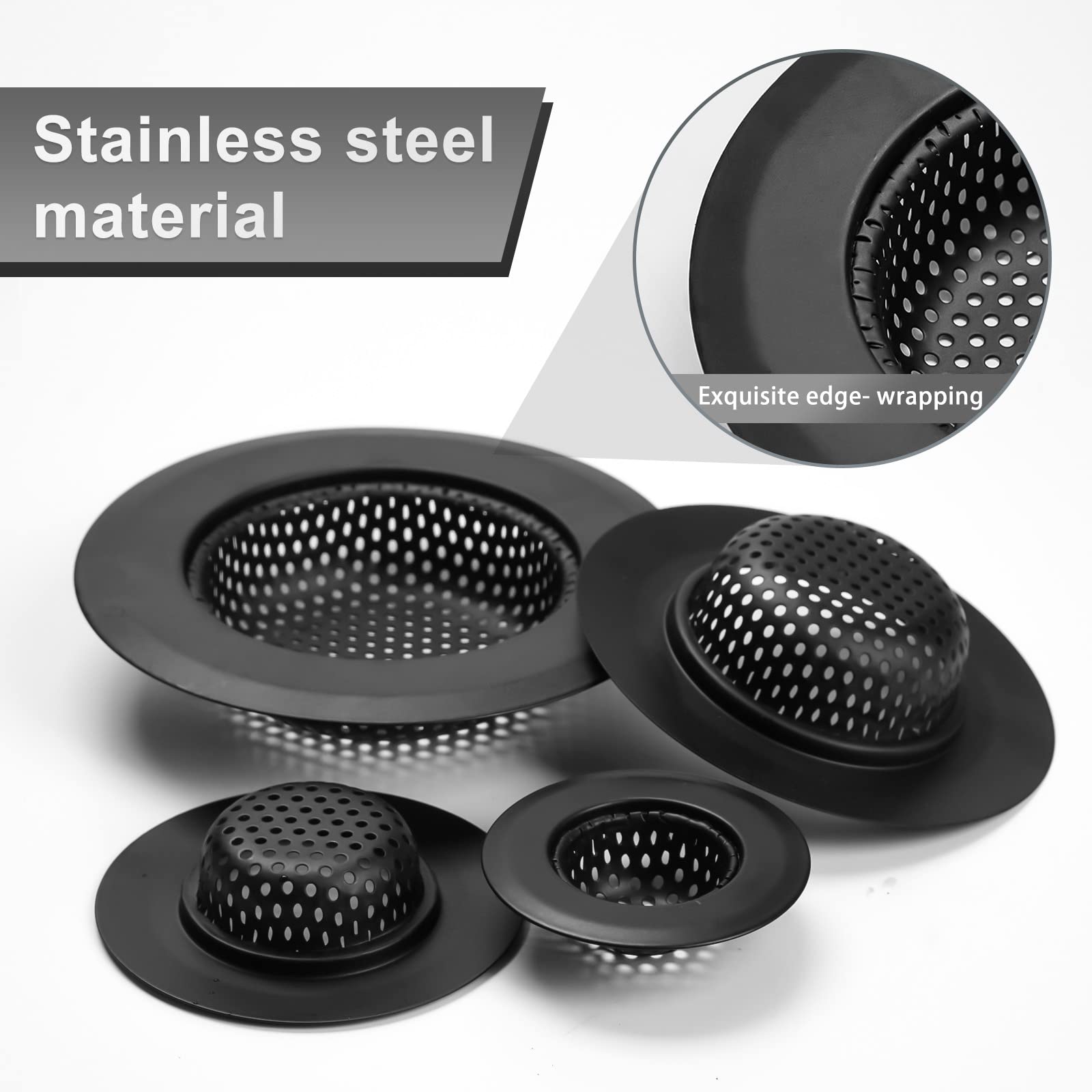 JdikGdik Hair Catcher Shower Drain(4 Pack), Sink Drain Stopper, Bathtub Drain Cover, Sink Strainer for Bathroom and Kitchen, Black, Hair Stopper for Bathtub Drain Cover Size from 1.5'' to 4.45'' (4)