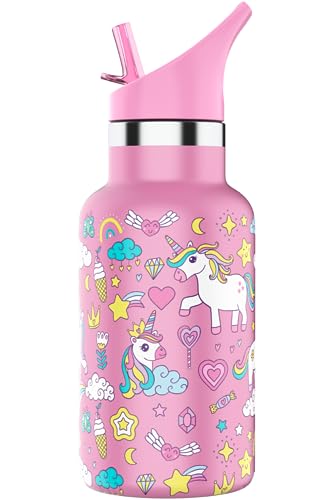 JEELA SPORTS Kids Water Bottle Stainless Steel with Straw -12 oz- Leak Proof & Double Wall Vacuum Kids Insulated Water Bottle, Toddler Water Bottles Kids, Pink