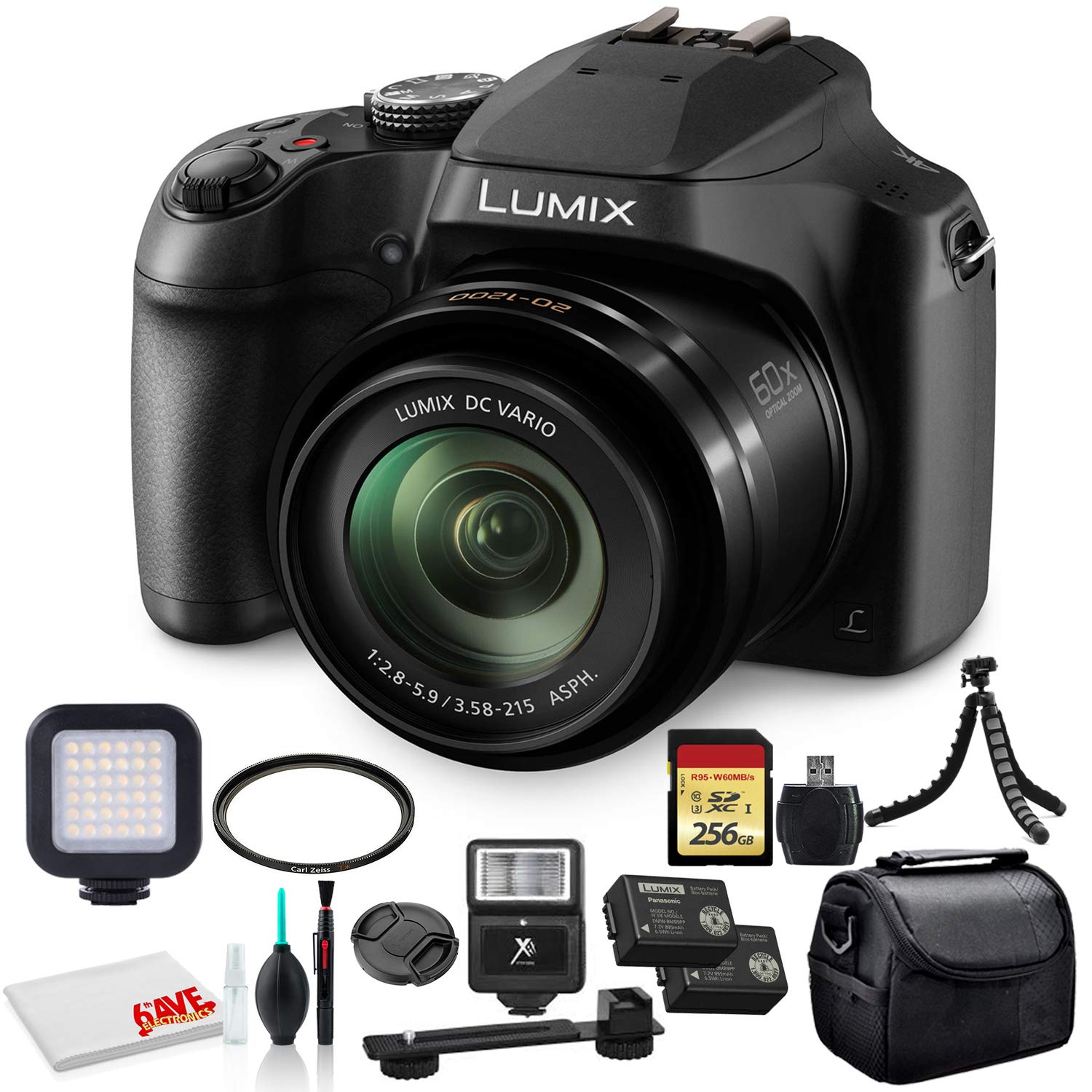 Panasonic Lumix DC-FZ80 Digital Camera (DC-FZ80K) - Bundle - with 256GB Memory Card + LED Video Light + DMW-BMB9 Battery + Digital Flash + Soft Bag + 12 Inch Flexible Tripod + More (Renewed)