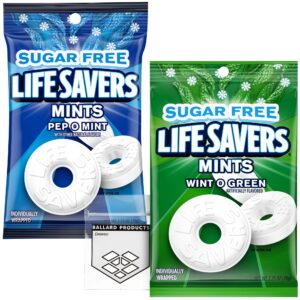 sugar free lifesavers mints variety pack - sugar free lifesaver mints - 2 flavors - life savers wint o green and life savers pep o mint - bundle with ballard products pocket bag (2 pack)