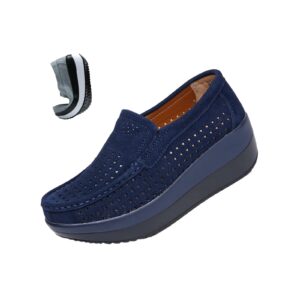 angrymonkey women's fashion platform sneakers high hidden heel wedge moccasin slip-on casual low top non-slip walking shoes (8.5,blue hollow,8.5,women)