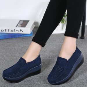 AngryMonkey Women's Fashion Platform Sneakers High Hidden Heel Wedge Moccasin Slip-on Casual Low Top Non-Slip Walking Shoes (8.5,Blue Hollow,8.5,Women)