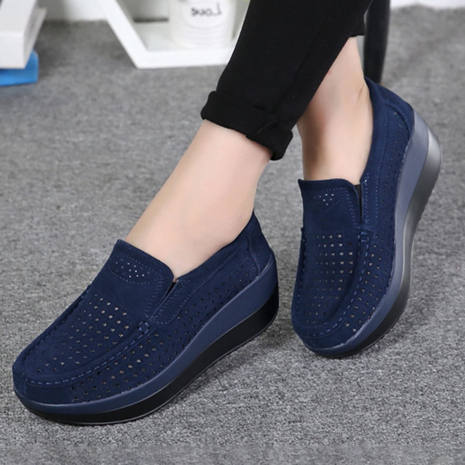 AngryMonkey Women's Fashion Platform Sneakers High Hidden Heel Wedge Moccasin Slip-on Casual Low Top Non-Slip Walking Shoes (8.5,Blue Hollow,8.5,Women)