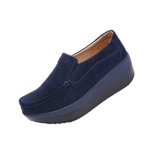 angrymonkey women's fashion platform sneakers high hidden heel wedge moccasin slip-on casual low top non-slip walking shoes (8.5,dark blue,8.5,women)