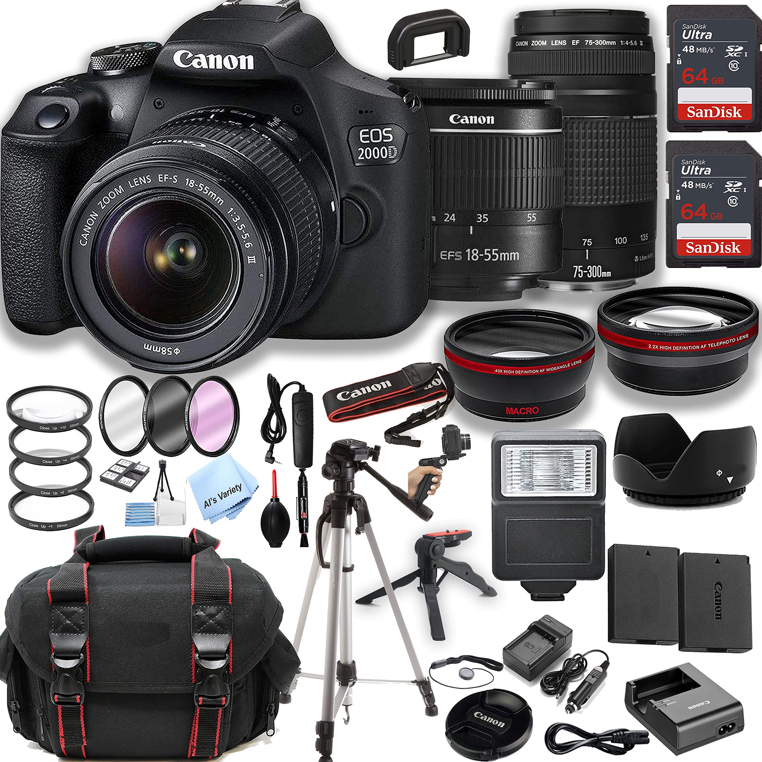 Canon EOS 2000D / Rebel T7 DSLR Camera w/ 18-55mm Zoom Lens + 75-300mm III Lens + 2pcs 64GB Memory + Case+ Tripod + Steady Grip Pod + Filters + Macro + 2X Lens + 2X Batteries + More (37pc Bundle)