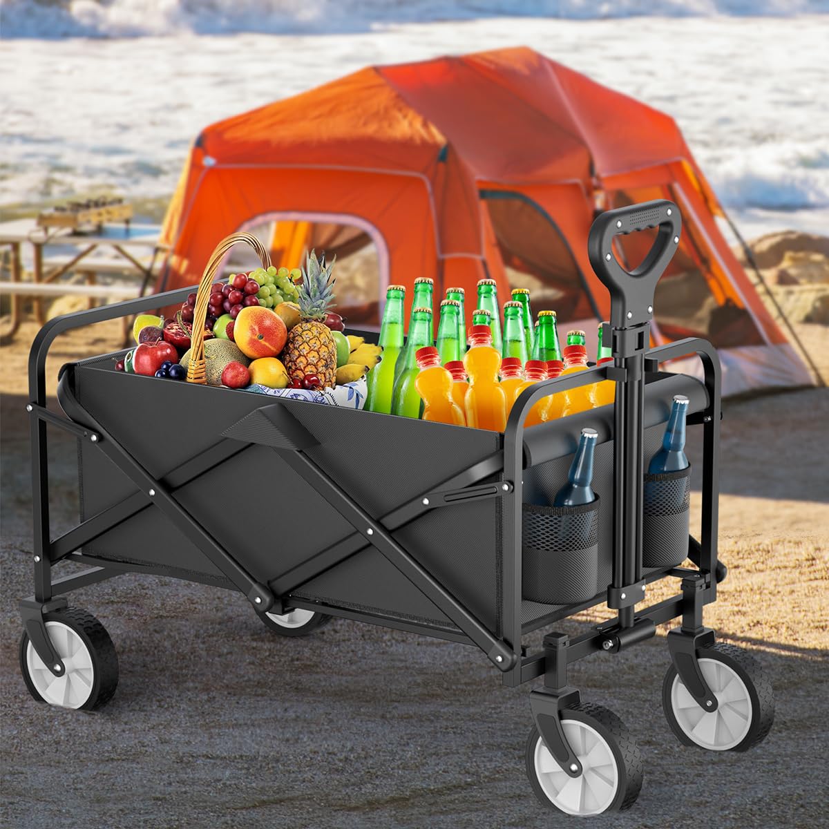 Collapsible Folding Wagon, Utility Wagon, Beach Wagon Cart,Foldable Grocery with Side Pocket, Large Capacity Heavy Duty Portable Wagon for Camping, Sports, Shopping, Garden and Beach