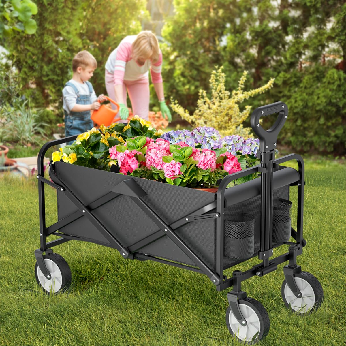 Collapsible Folding Wagon, Utility Wagon, Beach Wagon Cart,Foldable Grocery with Side Pocket, Large Capacity Heavy Duty Portable Wagon for Camping, Sports, Shopping, Garden and Beach