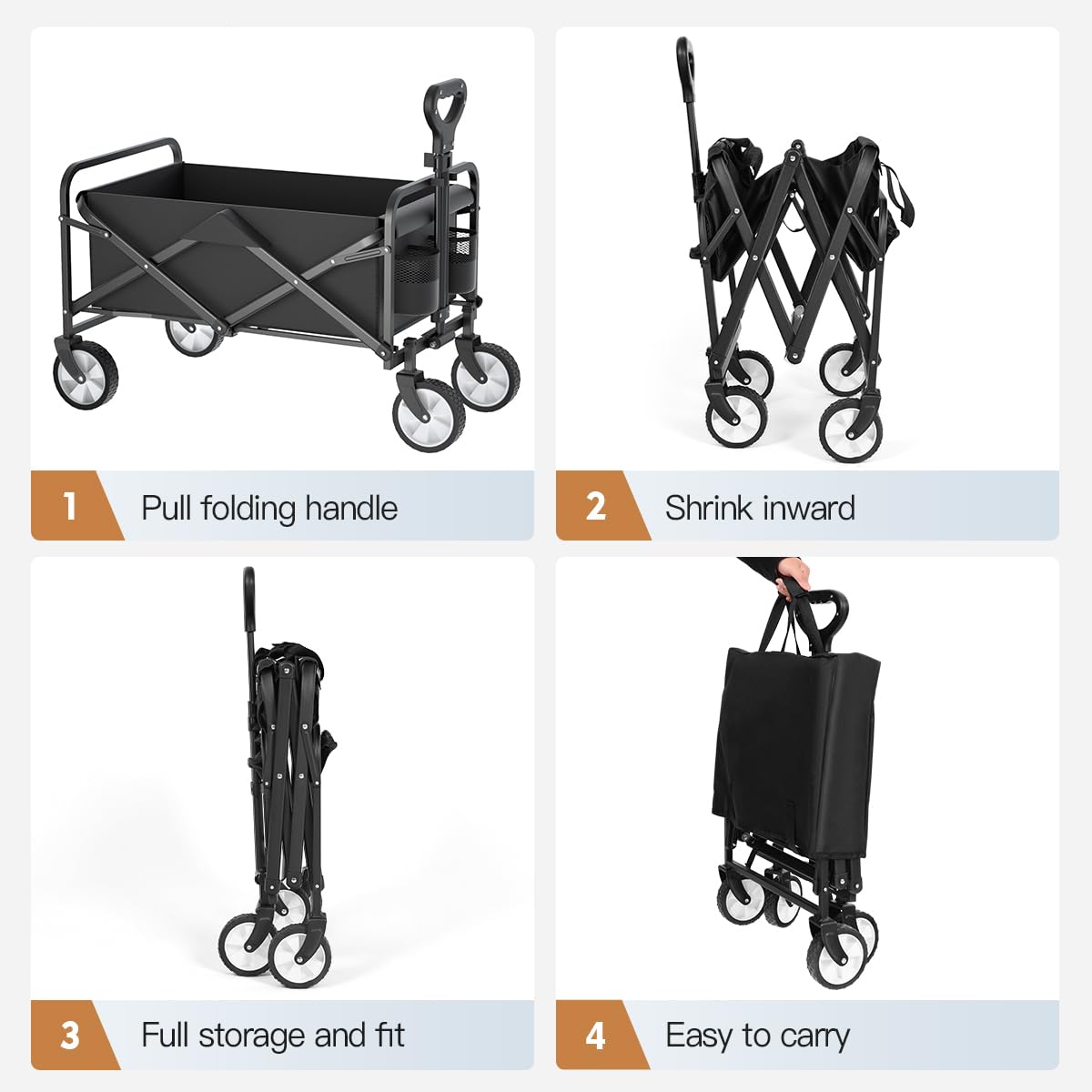 Collapsible Folding Wagon, Utility Wagon, Beach Wagon Cart,Foldable Grocery with Side Pocket, Large Capacity Heavy Duty Portable Wagon for Camping, Sports, Shopping, Garden and Beach