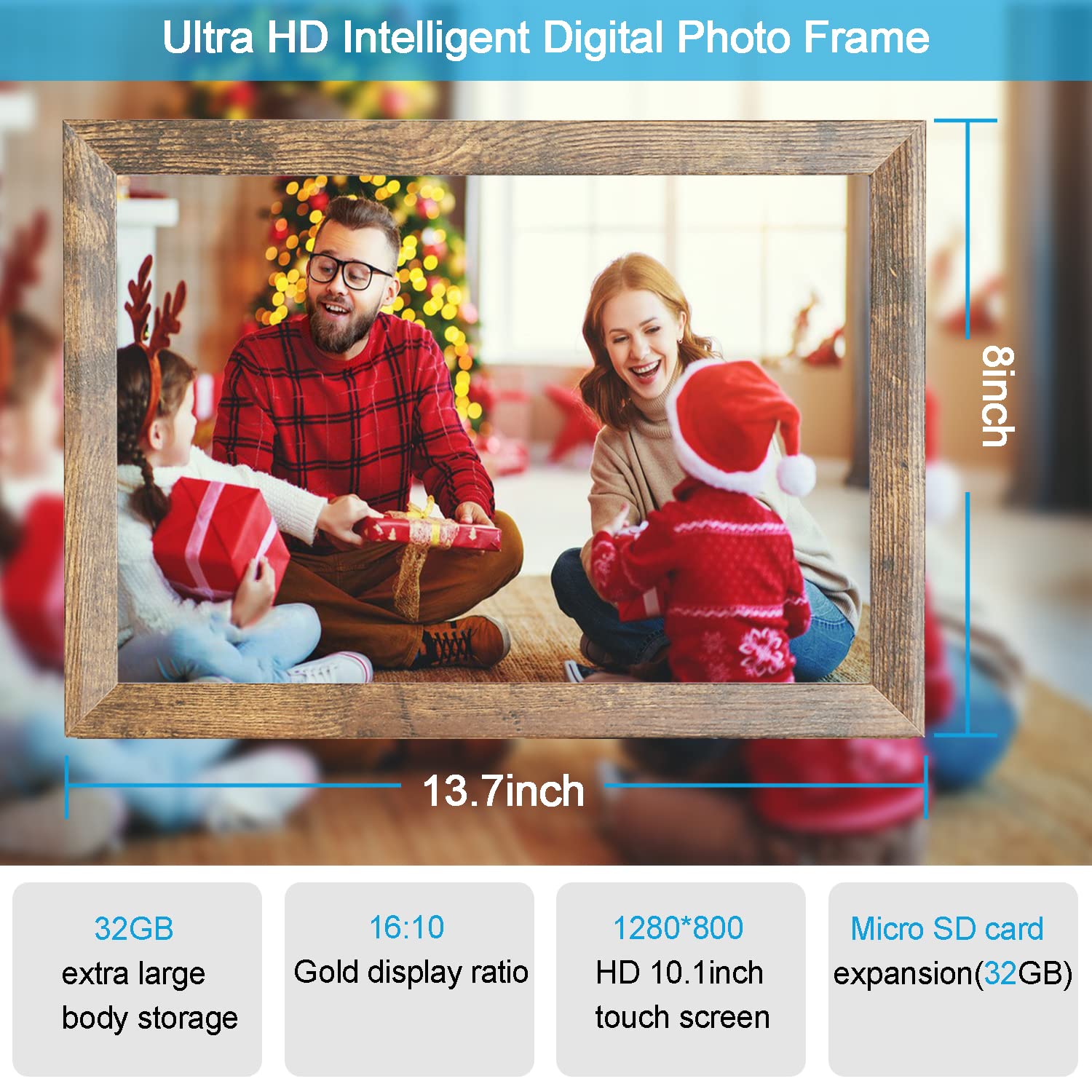 FRAMEO 10.1inch WiFi Digital Picture Frame 1280 * 800 IPS HD Color Touch Screen Digital Photo Frame Built-in 32GB Storage Free Share Photos and Videos Through FRAMEO app Anytime Anywhere-Best Gift