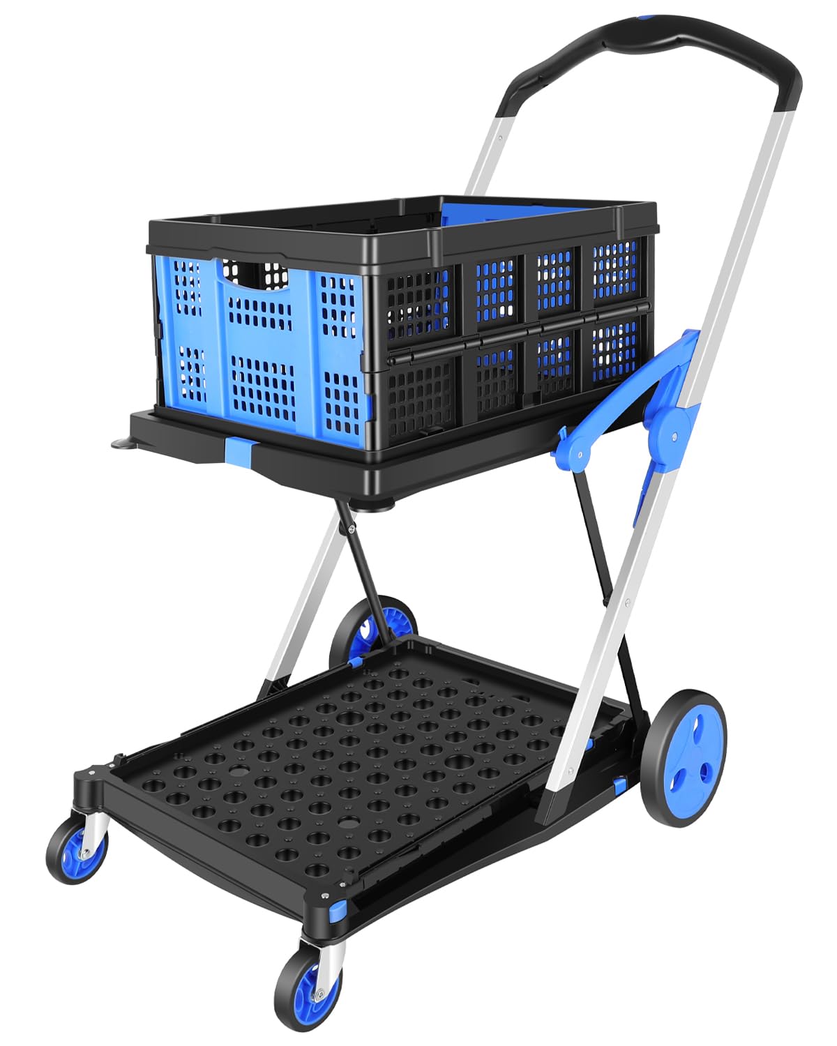 Collapsible Utility Cart Multi Use Functional Collapsible Shopping Carts 2-Tier Collapsible Shopping Cart with Baskets Carrito para Supermercado con Ruedas