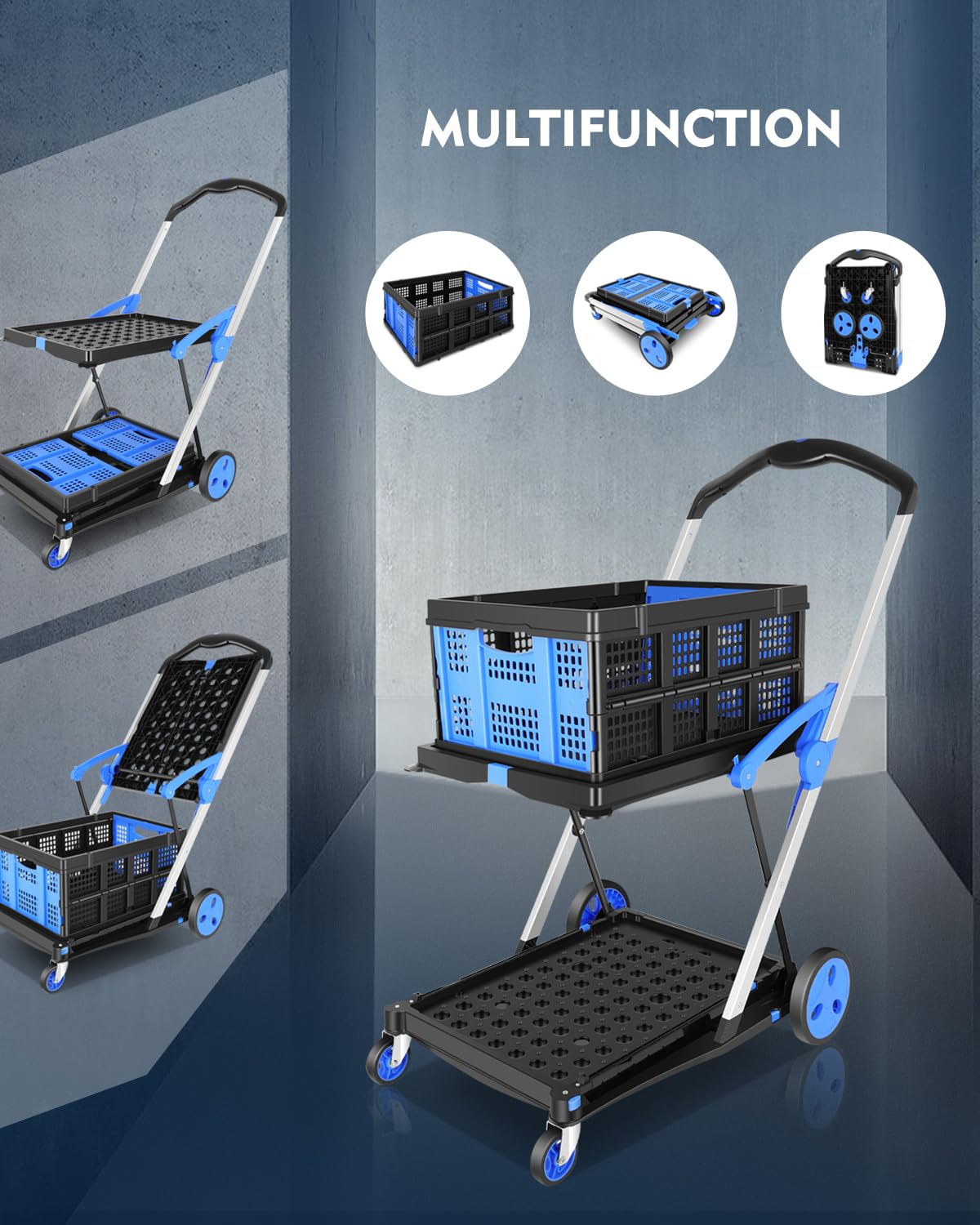 Collapsible Utility Cart Multi Use Functional Collapsible Shopping Carts 2-Tier Collapsible Shopping Cart with Baskets Carrito para Supermercado con Ruedas