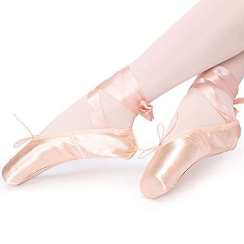 Ballet Pointe Shoes for Girls Women Professional Dance Shoes with Ribbon Toe Pads Pink