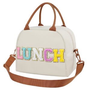lunch box for women, large insulated lunch bag, personalized preppy lunch box for girls adults with adjustable shoulder straps,lunch bag women with chenille letters（beige-lunch）