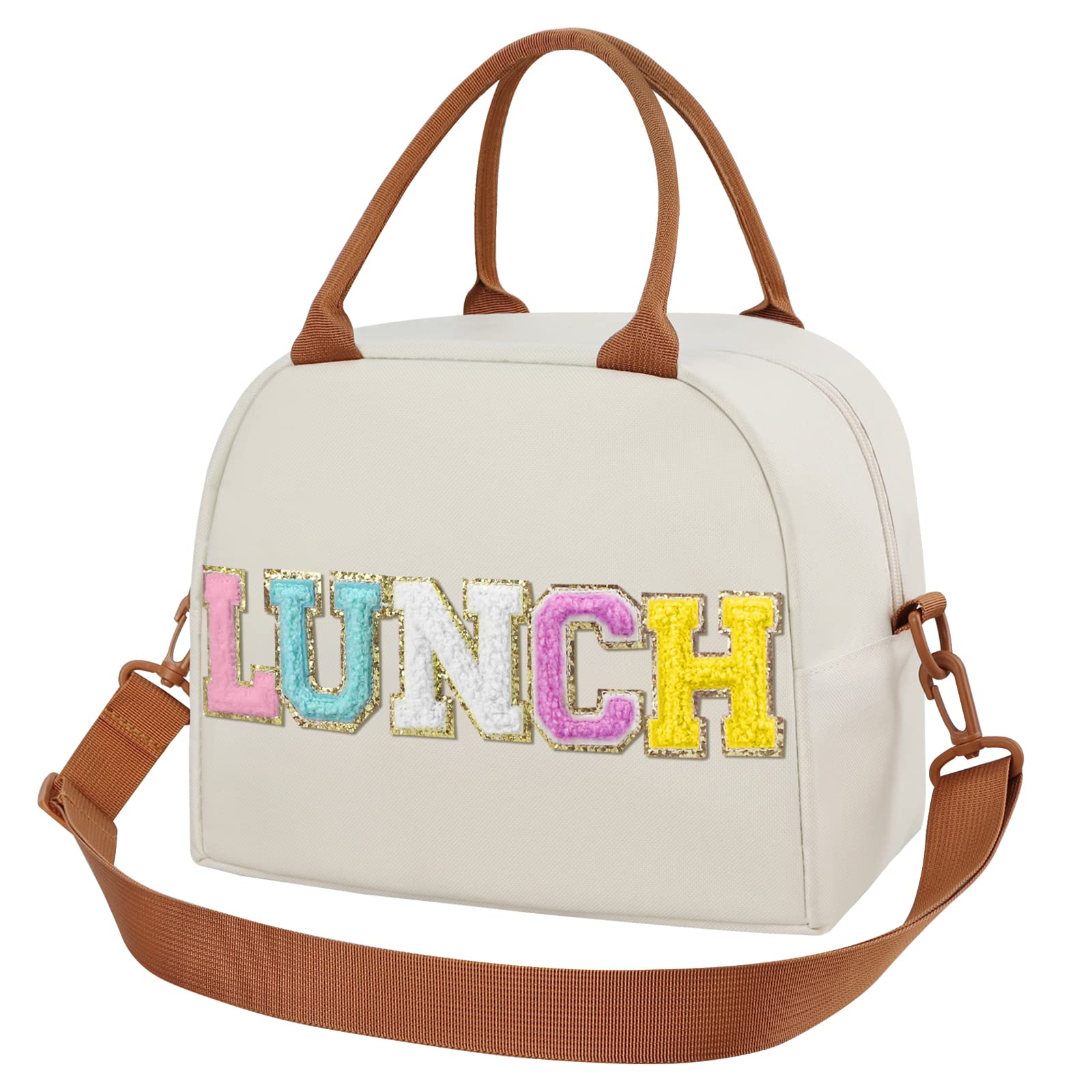 Lunch Box for Women, Large Insulated Lunch Bag, Personalized Preppy Lunch Box for Girls Adults with Adjustable Shoulder Straps,Lunch Bag Women with Chenille Letters（Beige-lunch）