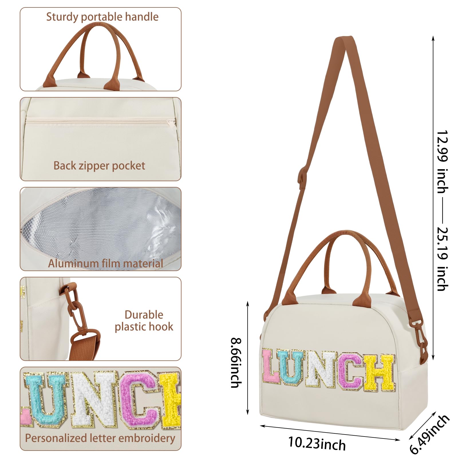 Lunch Box for Women, Large Insulated Lunch Bag, Personalized Preppy Lunch Box for Girls Adults with Adjustable Shoulder Straps,Lunch Bag Women with Chenille Letters（Beige-lunch）