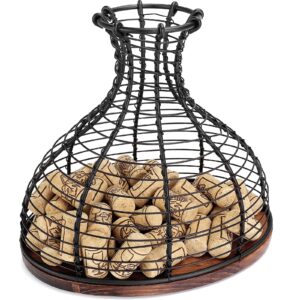 iebiyo wine cork container wine stopper holder black wine cork storage with wooden bottom cork collector cage wine lover gift kitchen decor (bronze black)