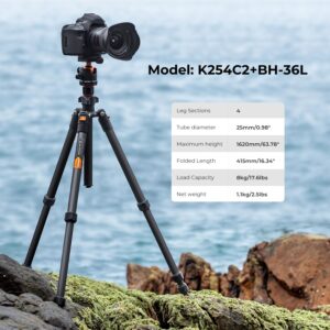 K&F Concept 64 inch/163cm Carbon Fiber Camera Tripod,Lightweight Travel Tripod with 36mm Metal Ball Head Load Capacity 8kg/17.6lbs,Quick Release Plate,for DSLR Cameras Indoor Outdoor Use K254C2+BH-36L