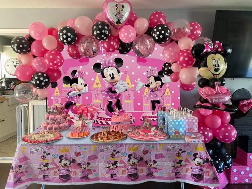 ANDXIN Pink Cartoon Mouse Backdrop, Tablecloth, Birthday Party Decorations, Vinyl, Environmentally Friendly Materials, 6x4FT, 70x42in