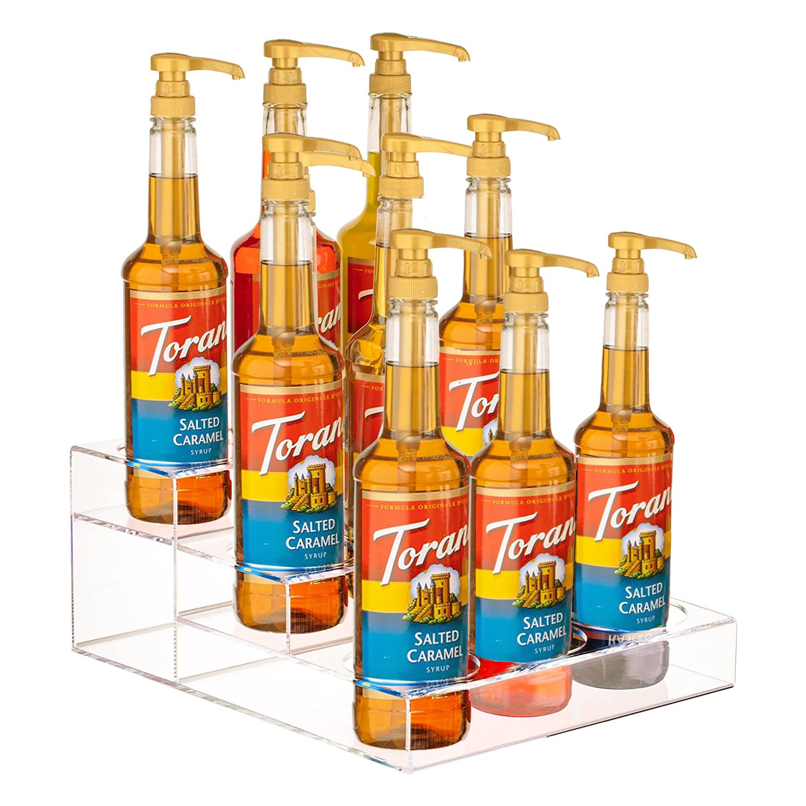 Frcctre 3 Tier Acrylic Wine Bottle Holder, 9 Bottles Coffee Syrup Organizer Rack Wine Display Stand Riser Display Shelf Countertop Tiered Storage Holder for Wine, Champagne, Coffee Syrup