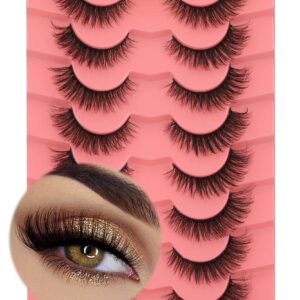 False Eyelashes Natural Mink Lashes 15mm Wispy Curl Eyelashes 5D Fluffy Volume Cat Eye Fake Lashes Pack 8 Pairs by Yawamica