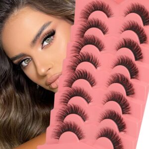 False Eyelashes Natural Mink Lashes 15mm Wispy Curl Eyelashes 5D Fluffy Volume Cat Eye Fake Lashes Pack 8 Pairs by Yawamica