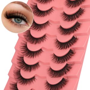 False Eyelashes Natural Mink Lashes 15mm Wispy Curl Eyelashes 5D Fluffy Volume Cat Eye Fake Lashes Pack 8 Pairs by Yawamica