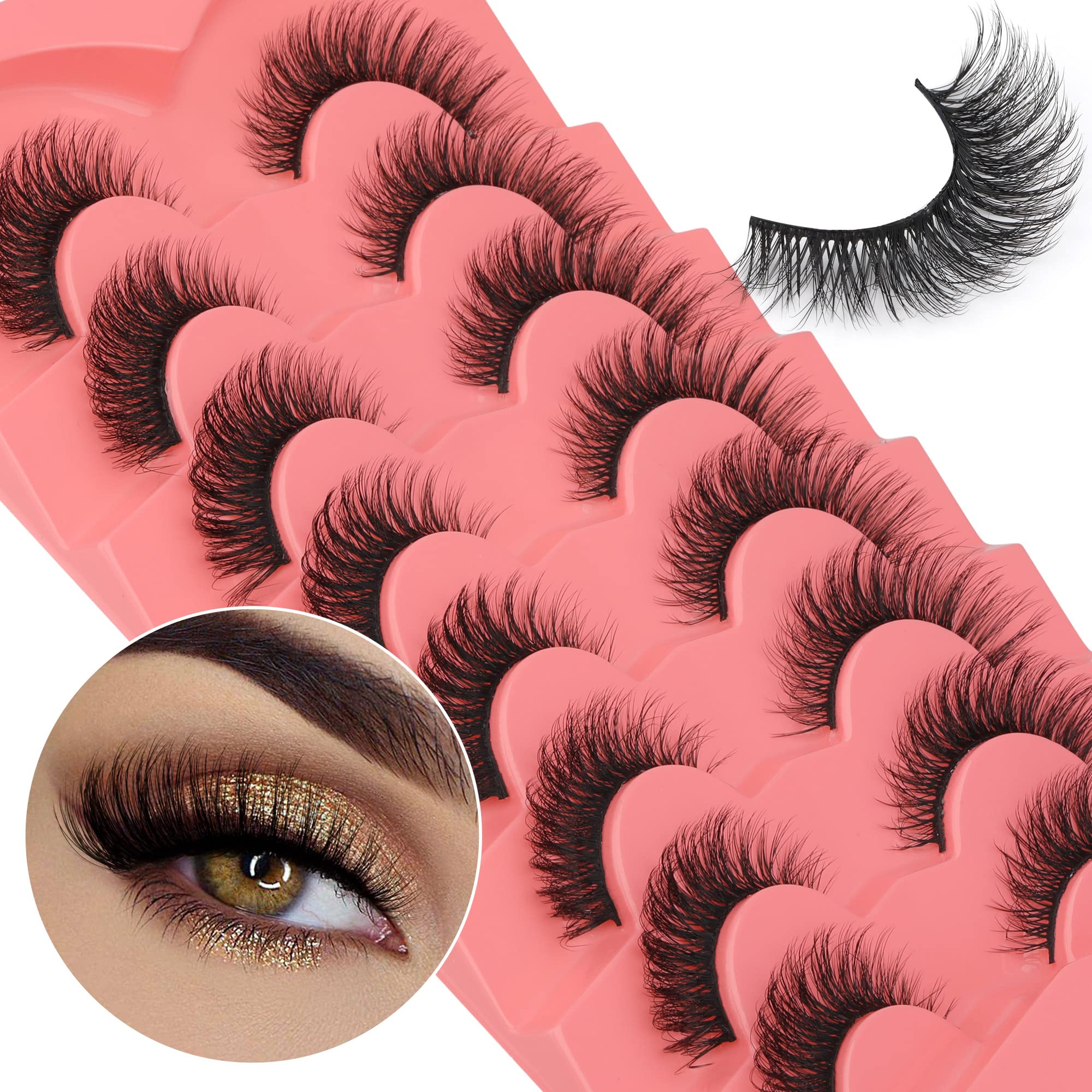 False Eyelashes Natural Mink Lashes 15mm Wispy Curl Eyelashes 5D Fluffy Volume Cat Eye Fake Lashes Pack 8 Pairs by Yawamica