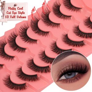 False Eyelashes Natural Mink Lashes 15mm Wispy Curl Eyelashes 5D Fluffy Volume Cat Eye Fake Lashes Pack 8 Pairs by Yawamica