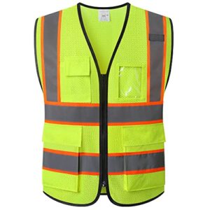 ekkosafety reflective mesh safety vest for men women with 5 pockets and zipper front high visibility mesh vest hi vis construction work vest,meets ansi/isea standards(ek175-yellow-l)