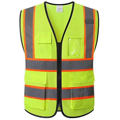 Ekkosafety Reflective Mesh Safety Vest for Men Women with 5 Pockets and Zipper Front High Visibility Mesh Vest Hi Vis Construction Work Vest,Meets ANSI/ISEA Standards(EK175-Yellow-L)