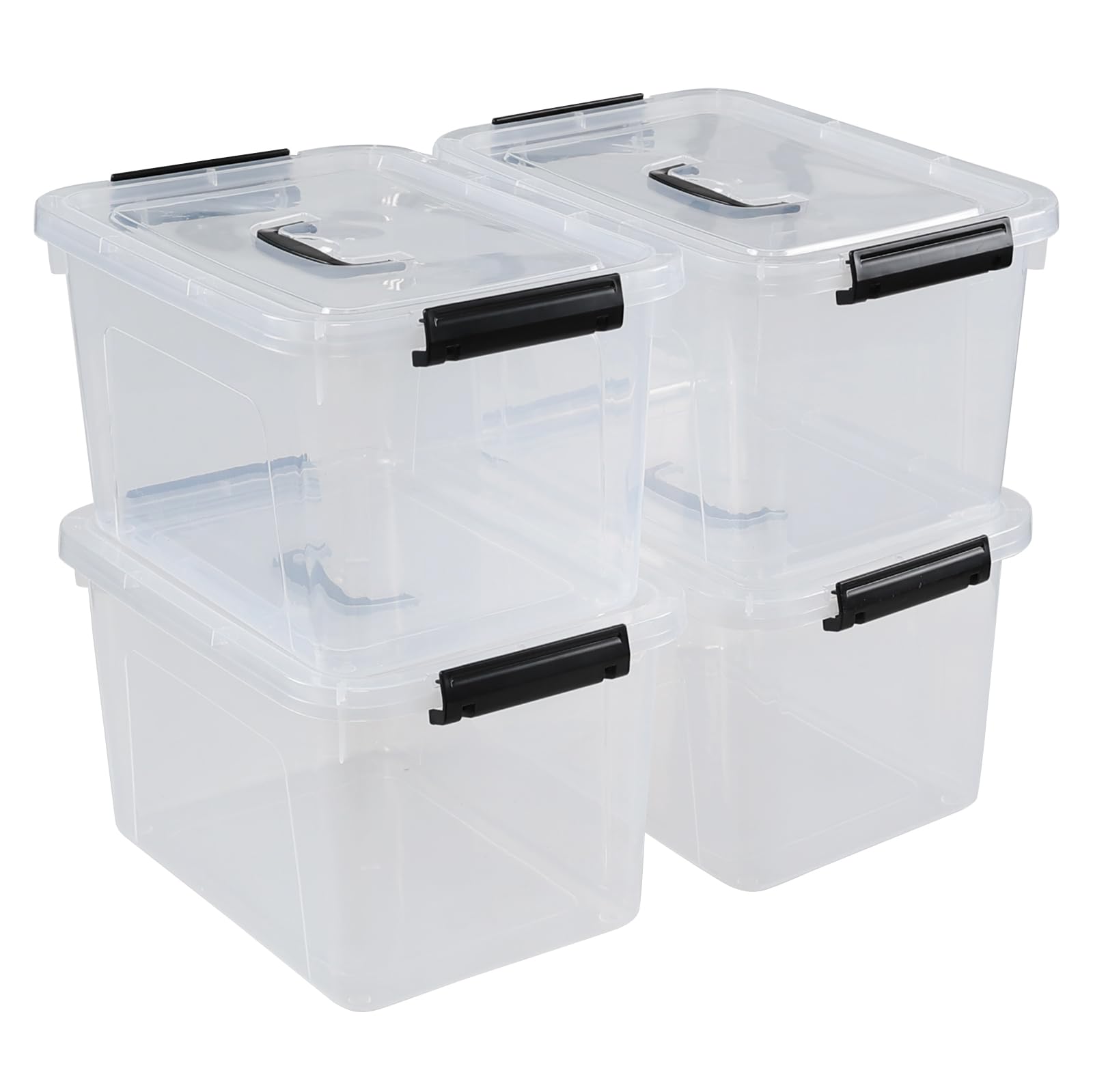 Anbers 12 L Plastic Organizer Box, 4 Pack Lidded Storage Bin, Clear Container with Handle