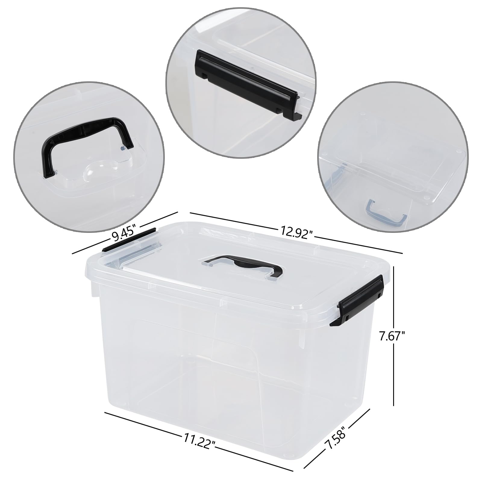 Anbers 12 L Plastic Organizer Box, 4 Pack Lidded Storage Bin, Clear Container with Handle