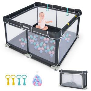 infans baby playpen, 50’’x50’’ foldable large baby playard for toddlers with gate, soft visible mesh, indoor outdoor kids activity center baby fence with 4 handlers 50 ocean balls (black)