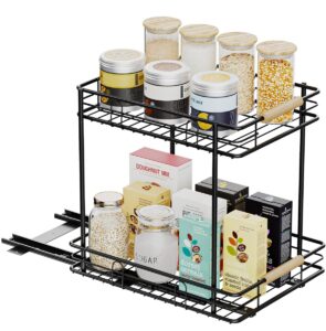 esow pull out cabinet organizer with 2 tier, heavy duty under sink slide out storage shelf with wooden handle in kitchen, bathroom, pantry, 12.79" w x16.5 d x16.14 h, sus304 matte black