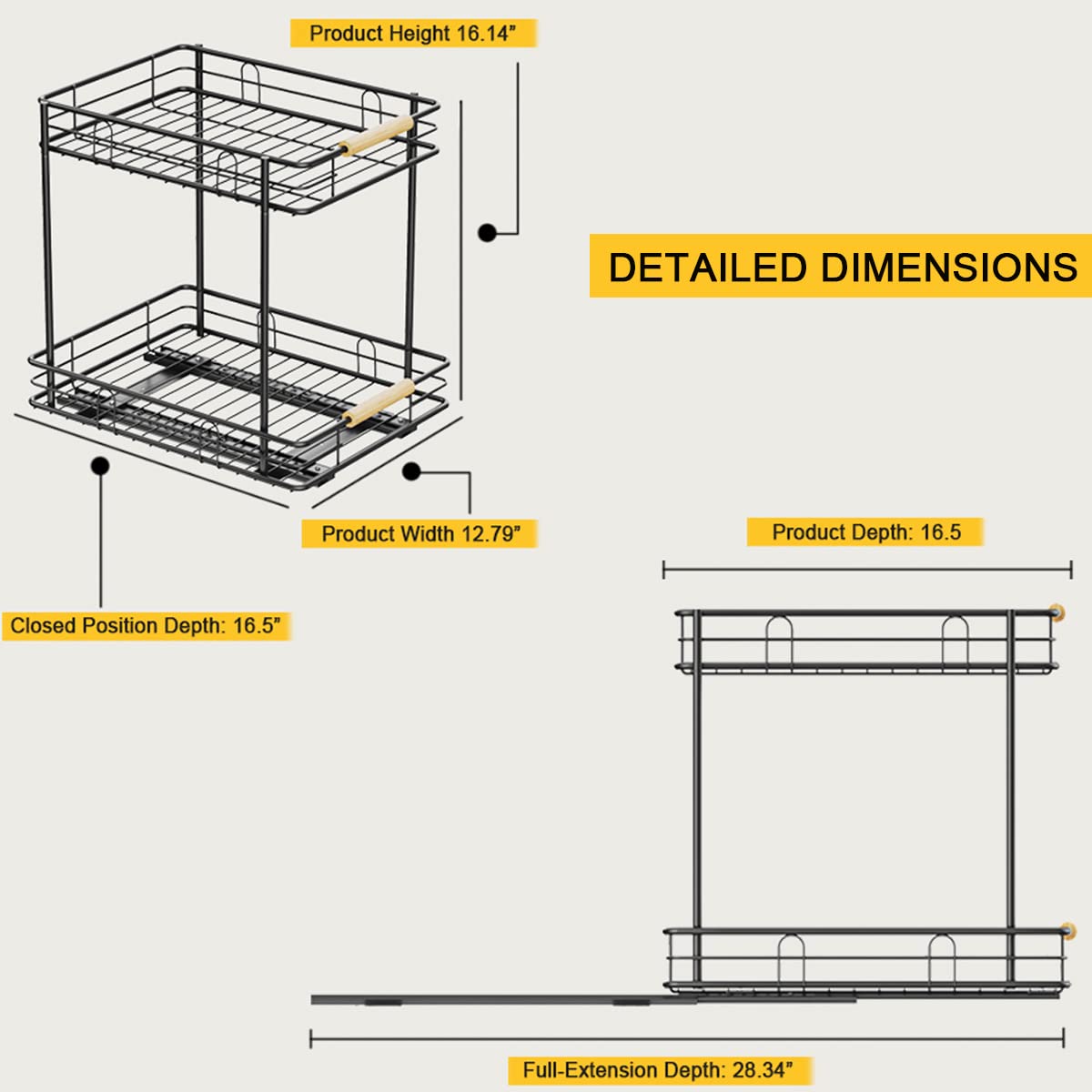 ESOW Pull Out Cabinet Organizer with 2 Tier, Heavy Duty Under Sink Slide Out Storage Shelf with Wooden Handle in Kitchen, Bathroom, Pantry, 12.79" W x16.5 D x16.14 H, SUS304 Matte Black