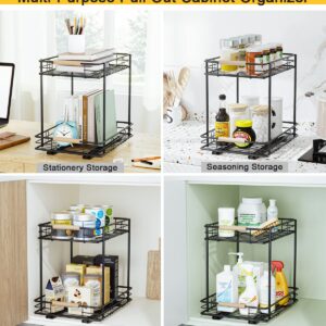 ESOW Pull Out Cabinet Organizer with 2 Tier, Heavy Duty Under Sink Slide Out Storage Shelf with Wooden Handle in Kitchen, Bathroom, Pantry, 12.79" W x16.5 D x16.14 H, SUS304 Matte Black