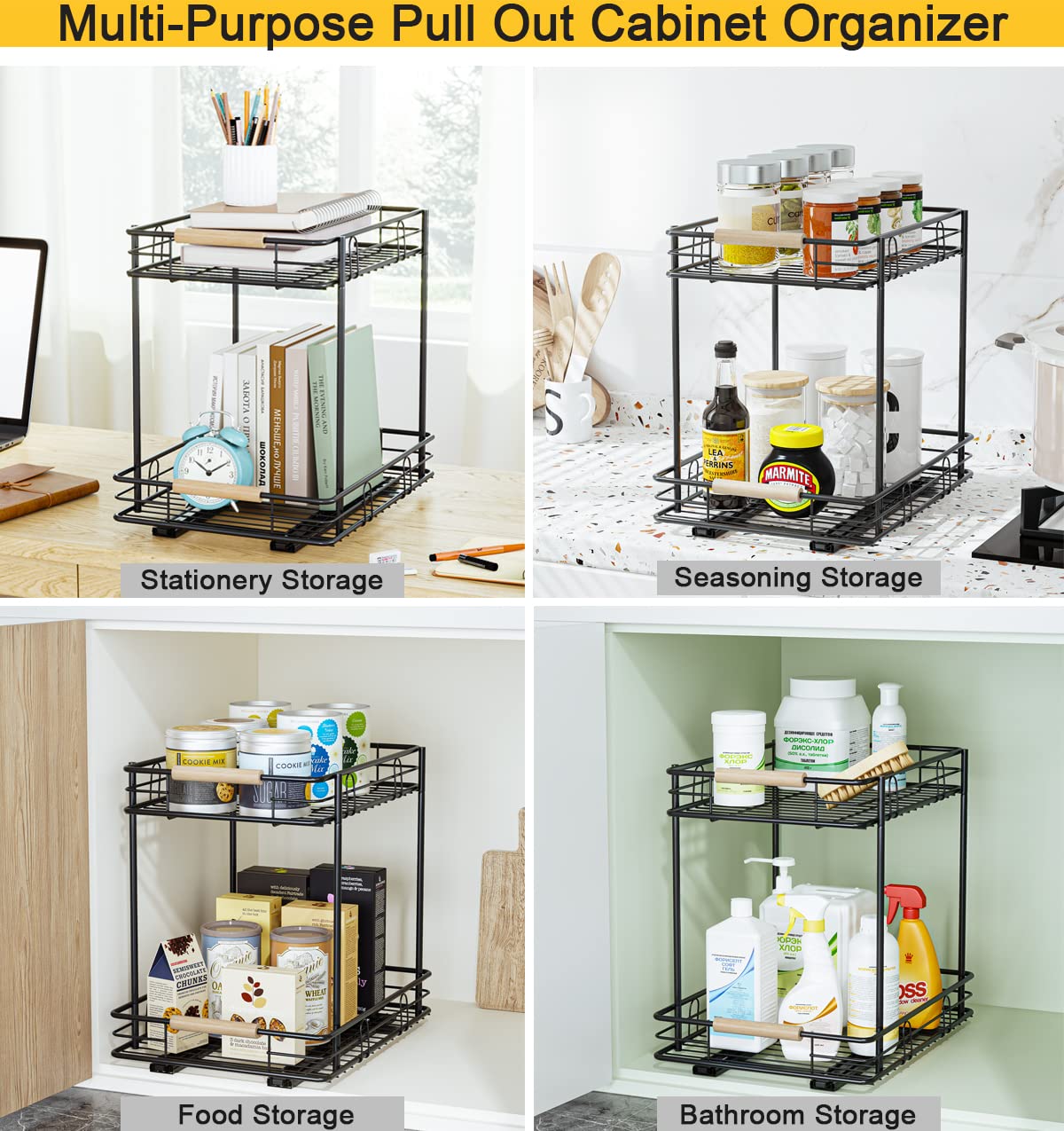 ESOW Pull Out Cabinet Organizer with 2 Tier, Heavy Duty Under Sink Slide Out Storage Shelf with Wooden Handle in Kitchen, Bathroom, Pantry, 12.79" W x16.5 D x16.14 H, SUS304 Matte Black